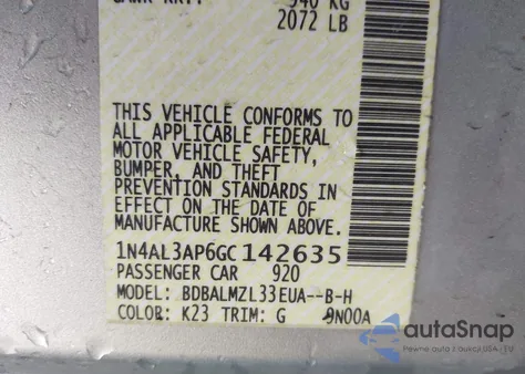 2016 Nissan Altima 2.5 Sv z USA, uszkodzony, nr VIN 1N4AL3AP6GC142635